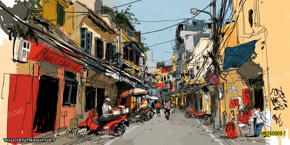 Tranh dán tường Phố cổ Hà Nội, Phố xưa - -HN260909-7 - Tranh tường chất lượng cao